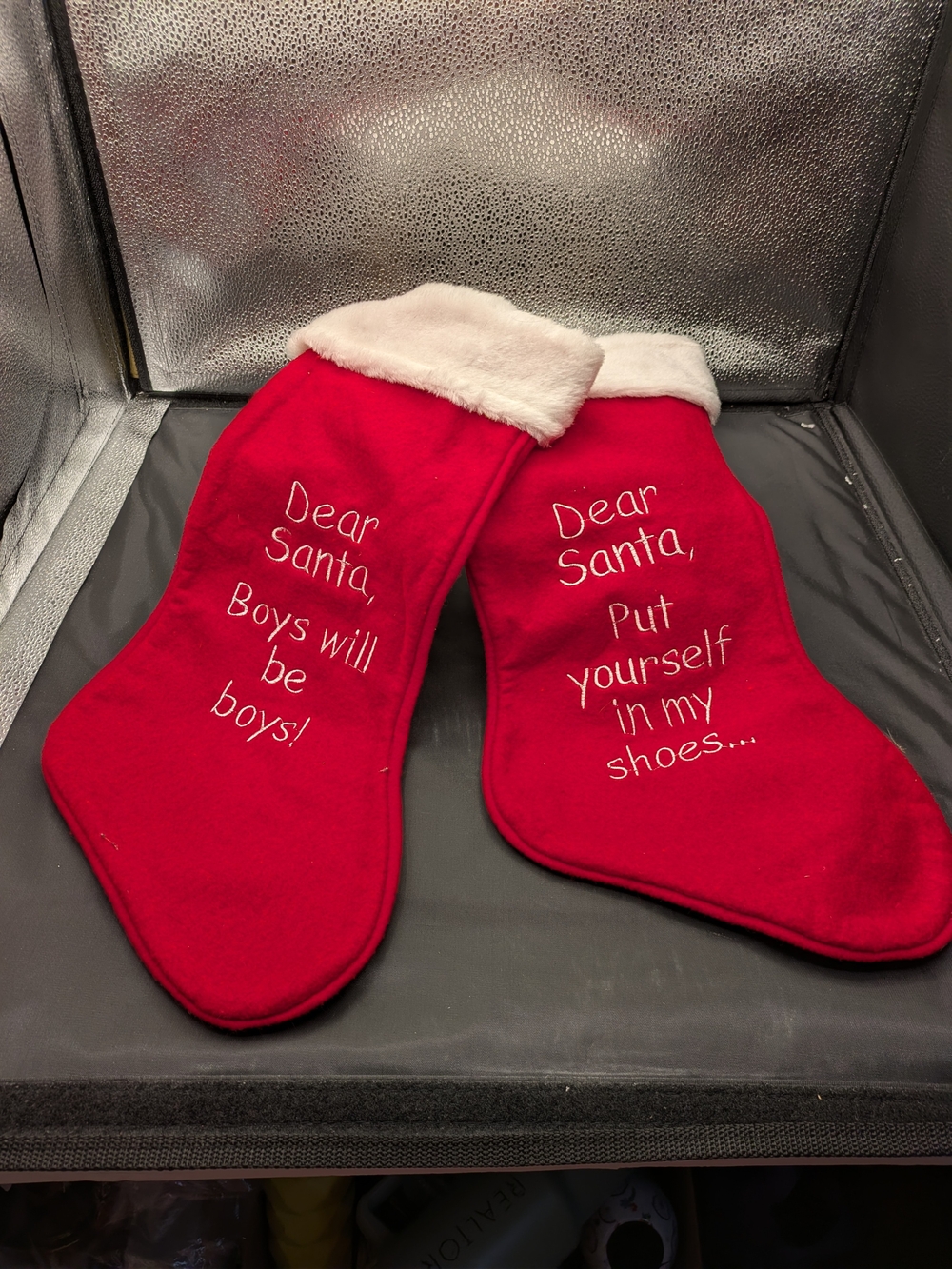Red Christmas Stocking with White Faux-Fur Cuff. Boys Will Be Boys